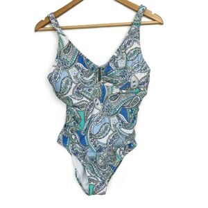 Alex Marie Size 8 One-Piece‎ Swimsuit Blue V-Neck Paisley Ruched